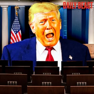 A photo illustration of Donald Trump and an empty James Brady press briefing room at the White House.