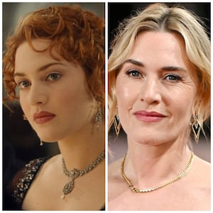Kate Winslet in Titanic in 1997 and in 2025.