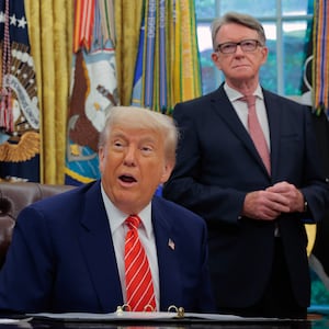 WASHINGTON, DC - MAY 08: U.S. President Donald Trump along with Vice President JD Vance and Peter Mandelson, British Ambassador to the United States, address reporters in the Oval Office at the White House on May 08, 2025 in Washington, DC. During his remarks Trump spoke about a trade deal with the United Kingdom that he announced today on Truth Social. (Photo by Anna Moneymaker/Getty Images)