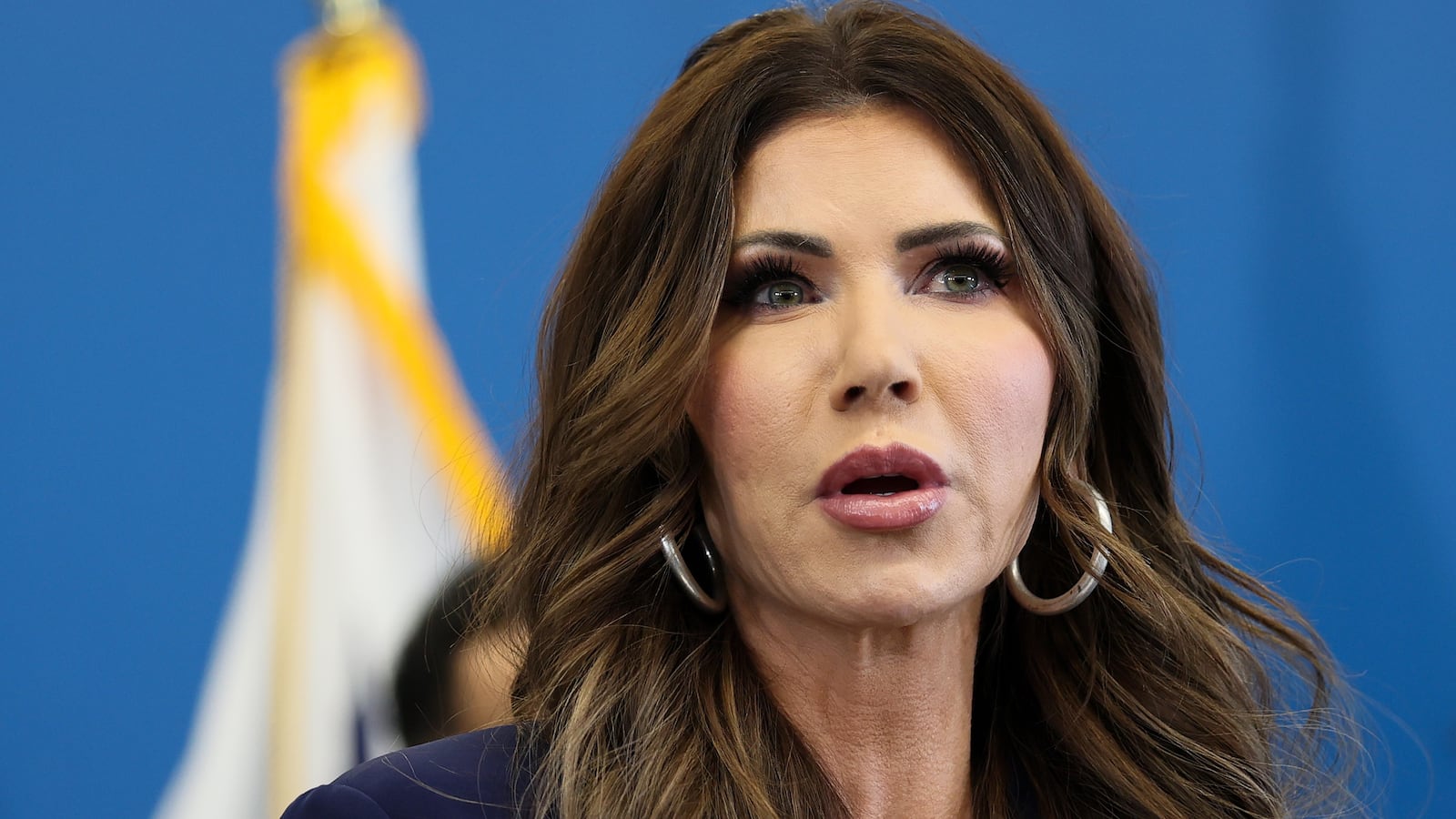 Secretary of Homeland Security Kristi Noem speaks during a press conference at One World Trade Center on January 08, 2026 in New York City.