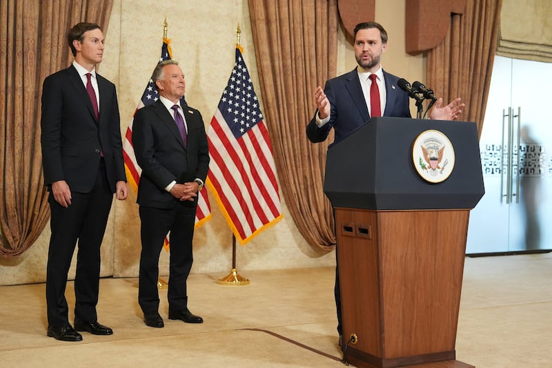U.S. Vice President JD Vance speaks during a news conference after meeting with representatives from Pakistan and Iran as Jared Kushner and Steve Witkoff, Special Envoy for Peace Missions, listen, on  Sunday, April 12, 2026, in Islamabad, Pakistan.