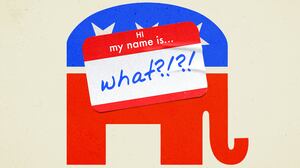 GOP Republican elephant wearing a name tag reading, "hi my name is... what?!?!?!"