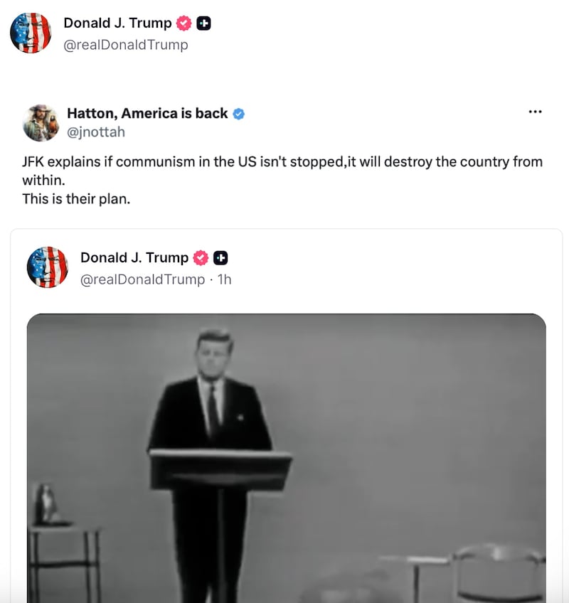 Donald Trump shares a 1960 JFK interview on communism.