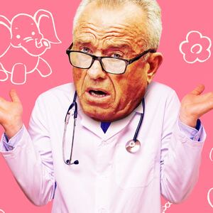 A photo illustration of RFK Jr. as a doctor with children's drawings.