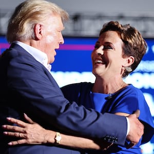 Donald Trump Kari Lake at a campaign rally at Legacy Sports USA on October 09, 2022 in Mesa, Arizona.