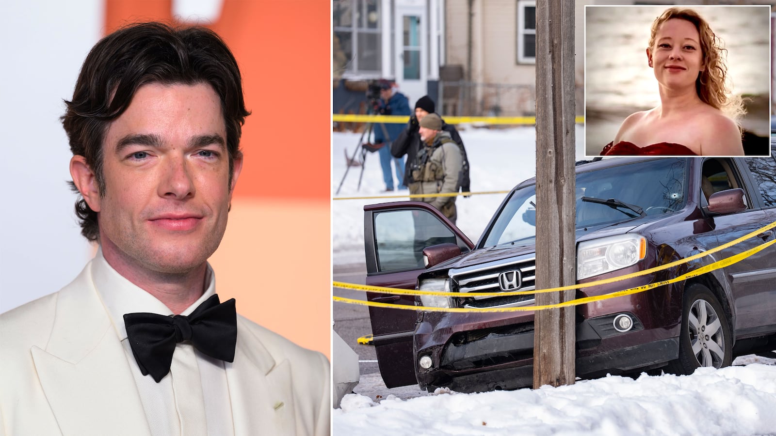 John Mulaney next to an image of the crashed car with a bullet hole in the window after Jonathan Ross shot and killed Renee Nicole Good in Minneapolis, Minnesota
