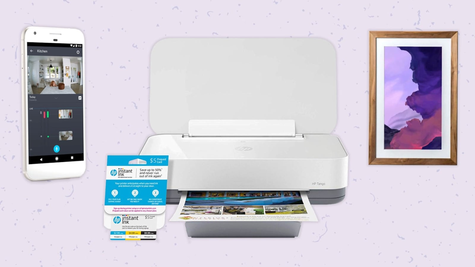 An array of tech products that includes a phone and printer.