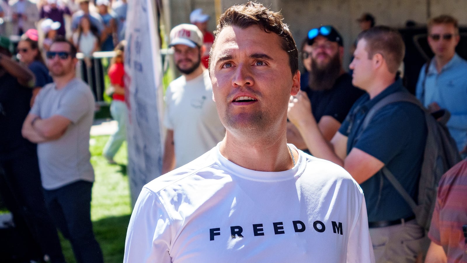Charlie Kirk speaks at Utah Valley University on Sept. 10, 2025 in Orem, Utah. Kirk, founder of Turning Point USA, was speaking at his "American Comeback Tour" when he was shot in the neck and killed.