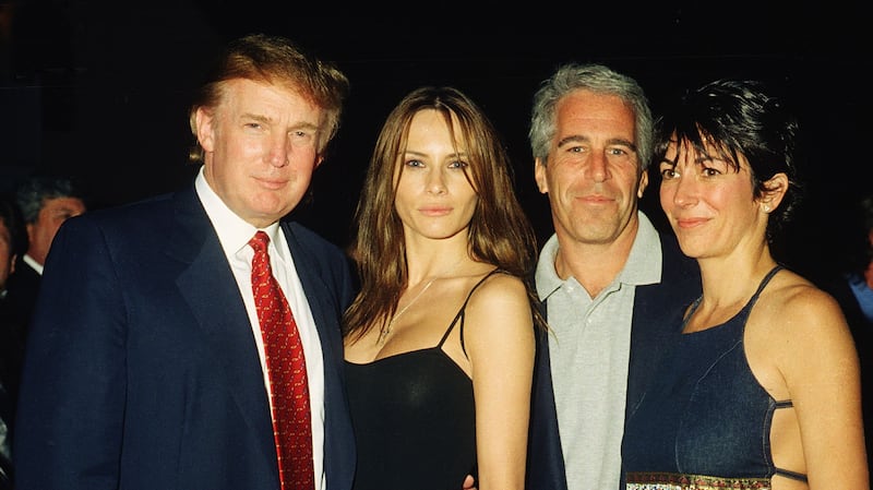 Donald Trump with his then-girlfriend (and now wife), Melania Knauss, Jeffrey Epstein, and Ghislaine Maxwell.