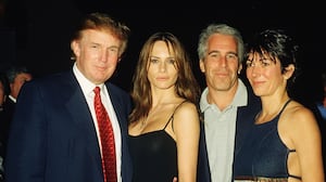 Donald Trump with his then-girlfriend (and now wife), Melania Knauss, Jeffrey Epstein, and Ghislaine Maxwell.