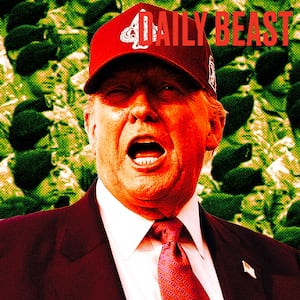 A photo illustration of Donald Trump and military members behind him for the podcast.