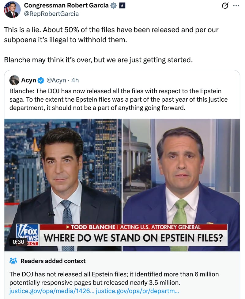 Robert Garcia calls out Todd Blanche on X.