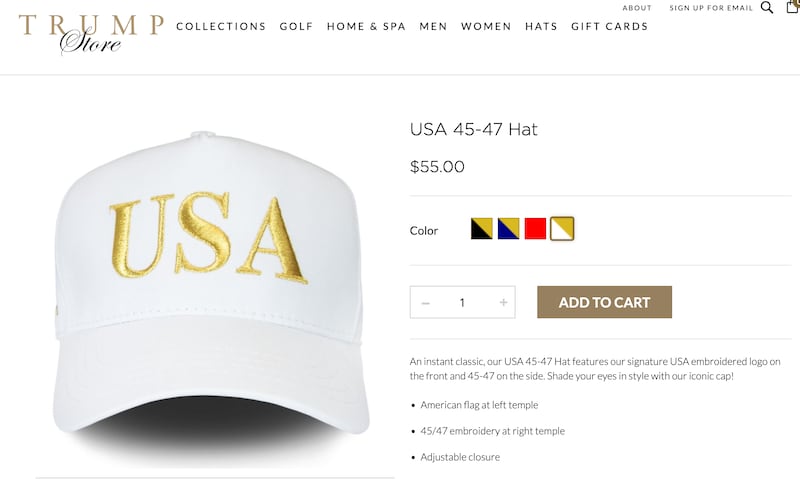 A purchasable version of the hat Trump wore during the dignified transfer of six troops killed after he ordered unauthorized strikes on Iran.