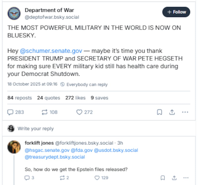 The Department of Defense joins social media site Bluesky.