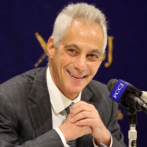 Rahm Emanuel smiles during a speech in Japan, where he was serving as ambassador, in 2022.