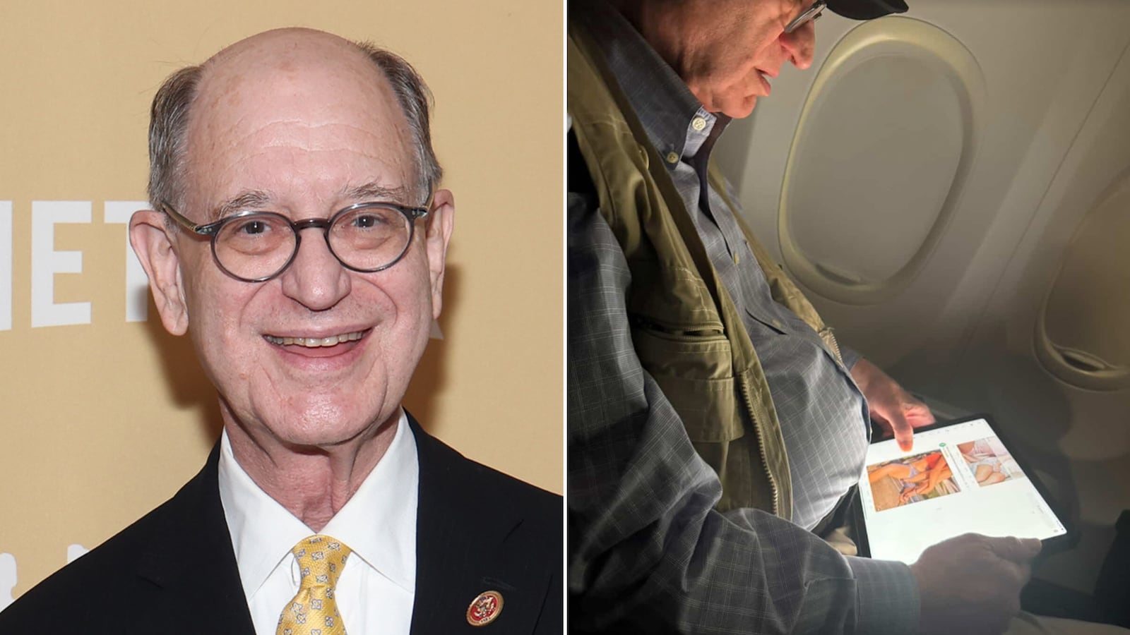 Brad Sherman at the Screen Actors Guild Awards and a photo of him looking at his iPad during a fligh.