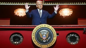 US President Donald Trump stands in the presidential box as he tours the John F. Kennedy Center for the Performing Arts in Washington, DC.