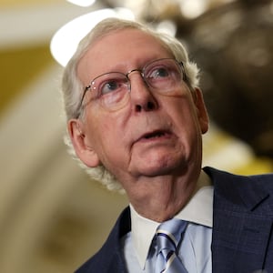 Then-Senate Minority Leader Mitch McConnell speaks during a press conference following the weekly Senate caucus luncheons on Capitol Hill in Washington, D.C. on April 9, 2024.