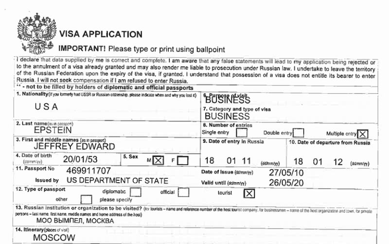 Jeffrey Epstein's application for a Russian visa lists the Moscow-based NGO "Vympel" as his "host organization."