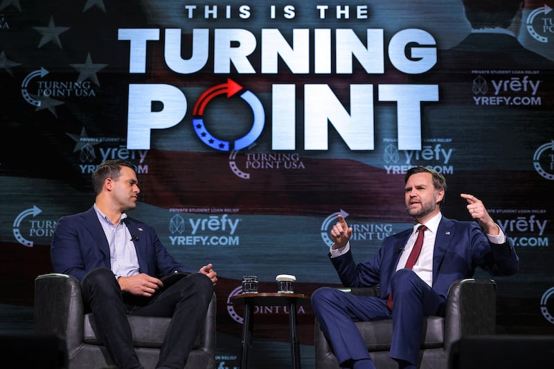 U.S. Vice President JD Vance speaks with Turning Point USA spokesperson Andrew Kolvet during a Turning Point USA event at Akins Ford Arena at the Classic Center on April 14, 2026, in Athens, Georgia, U.S. Chip Somodevilla/Pool via REUTERS