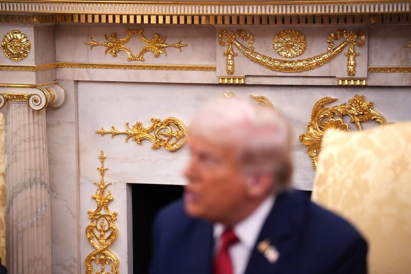 Gold leafing is seen on the mantle in the Oval Office on September 25, 2025 in Washington, DC.