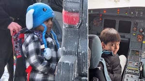 Liam Ramos being obtained by ICE in Minneapolis next to an image of him in the cockpit of a plane