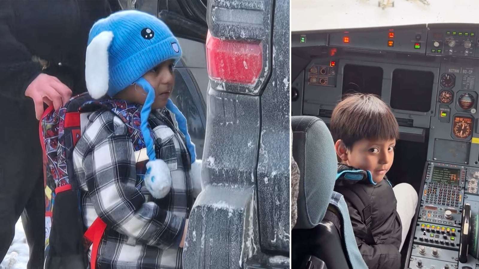 Liam Ramos being obtained by ICE in Minneapolis next to an image of him in the cockpit of a plane