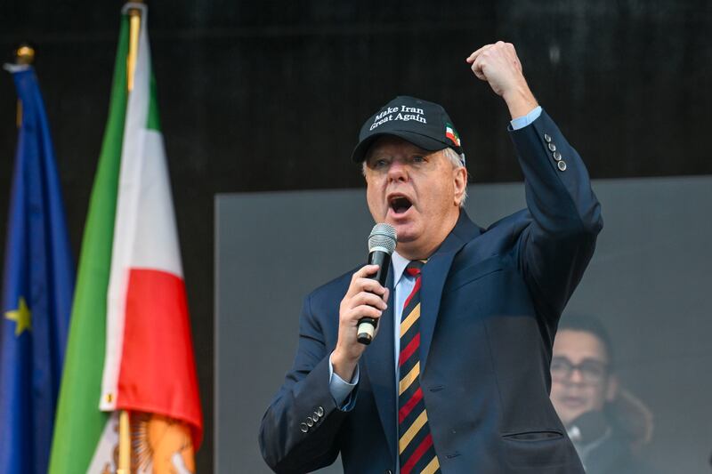 Lindsey Graham, Member of the US Senate, speaks to the people during the demonstration for human rights in Iran at Theresienwiese during the 62nd Munich Security Conference on February 14, 2026 in Munich, Germany.