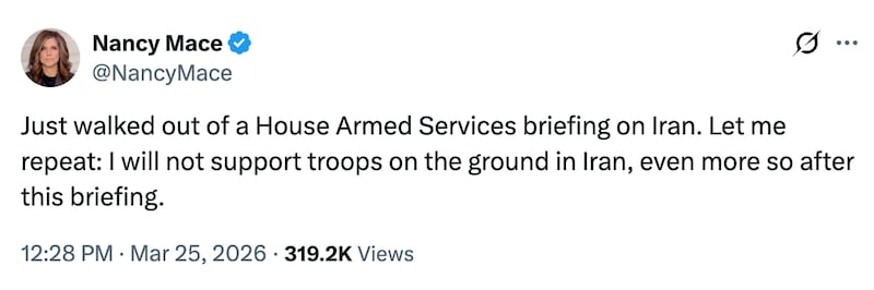 Nancy Mace tweets about her opposition to Iran war