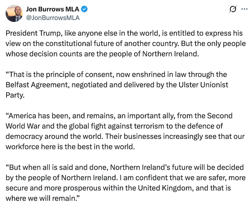 Jon Burrows rejects Trump's call for reunification of Ireland.