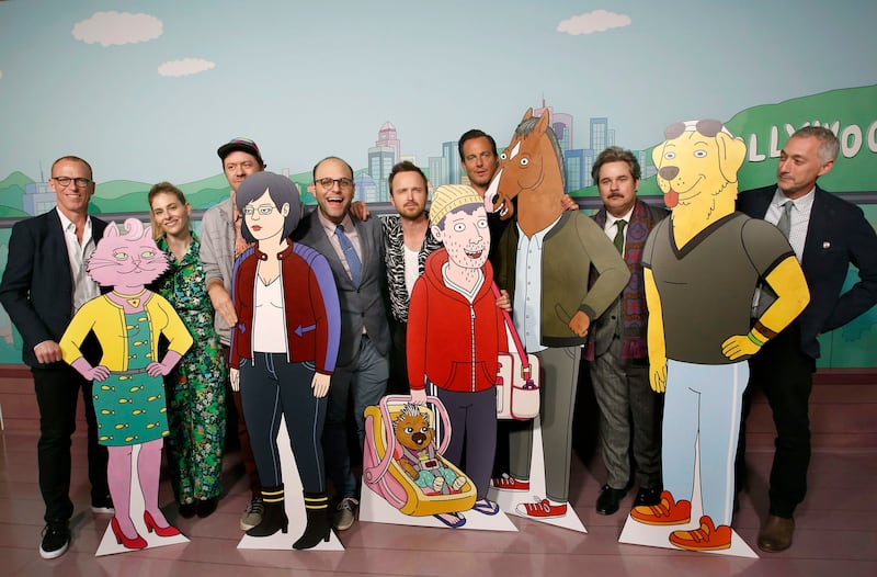 LOS ANGELES, CALIFORNIA - JANUARY 30: (L-R) Noel Bright, Lisa Hanawalt, Mike Hollingsworth, Raphael Bob-Waksberg, Aaron Paul, Will Arnett, Paul F. Tompkins, and Steve Cohen attend "The BoJack Horseman" Finale Event, presented by Netflix, at The Egyptian Theatre on January 30, 2020 in Los Angeles, California. (Photo by Rachel Murray/Getty Images for Netflix)