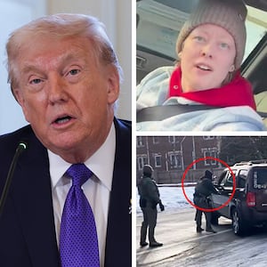 Donald Trump, Renee Good and a still from her shooting by Jonathan Ross.