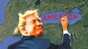 A photo illustration of Donald Trump changing the name of Lake Ontario to Lake America.