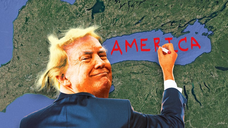 A photo illustration of Donald Trump changing the name of Lake Ontario to Lake America.