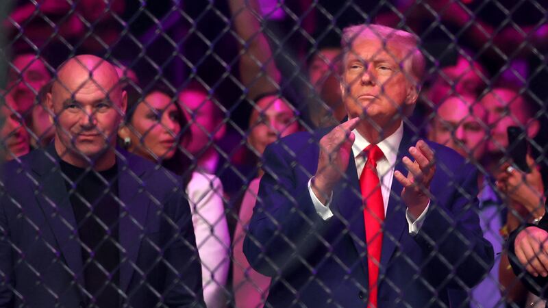 Jun 7, 2025; Newark, New Jersey, UNITED STATES; CEO of the UFC Dana White and the President of the United States Donald Trump before a bantamweight title fight during UFC 316 at Prudential Center. Mandatory Credit: Vincent Carchietta-Imagn Images