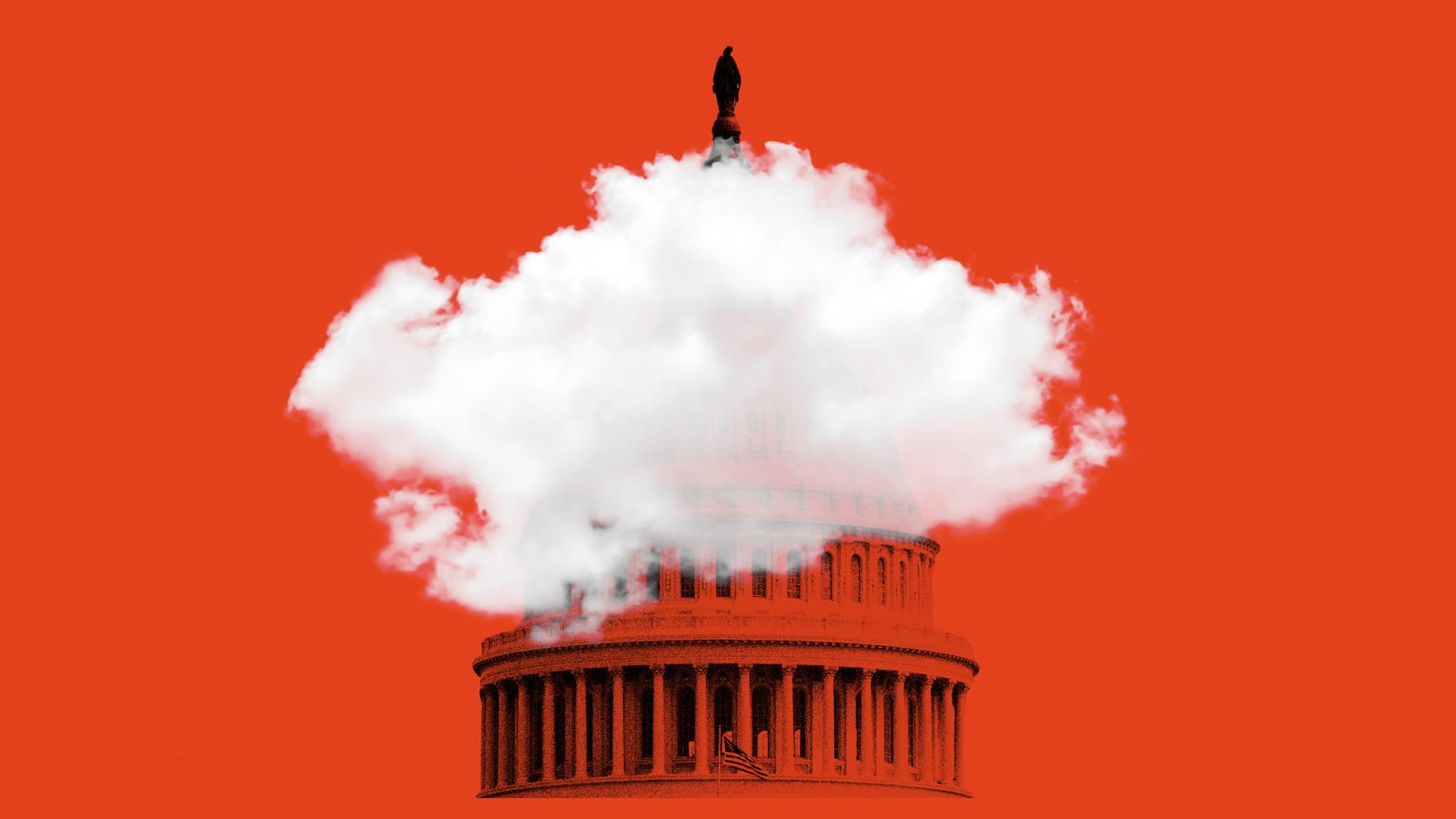 Photo illustration of the Capitol building on a red background with a thick cloud overlaid.