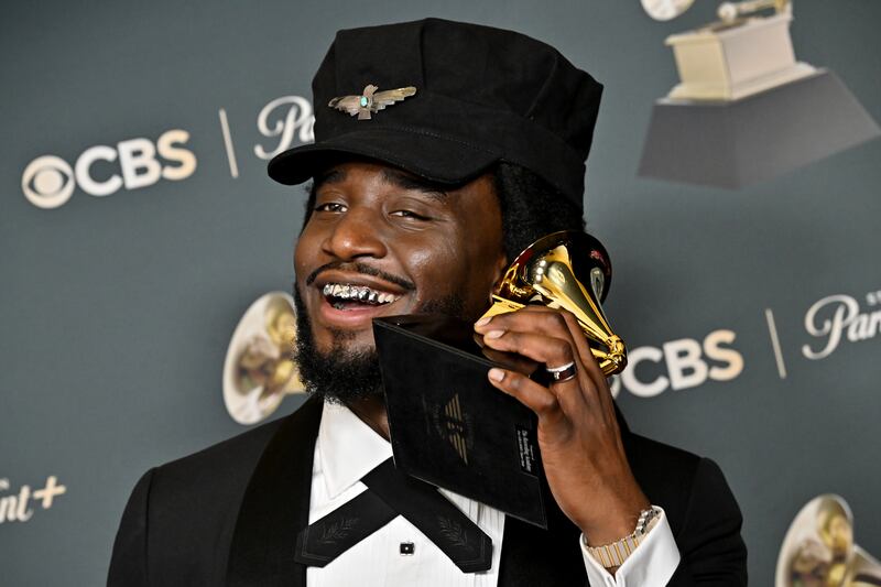 Shaboozey with the Grammy for Best Country Duo/Group Performance award for "Amen" at the 68th GRAMMY Awards held at the Crypto.com Arena on February 01, 2026 in Los Angeles, California. (Photo by Michael Buckner/Billboard via Getty Images)