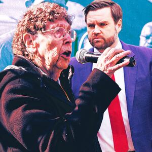 A photo illustration of Sister JoAnn Persch and JD Vance.