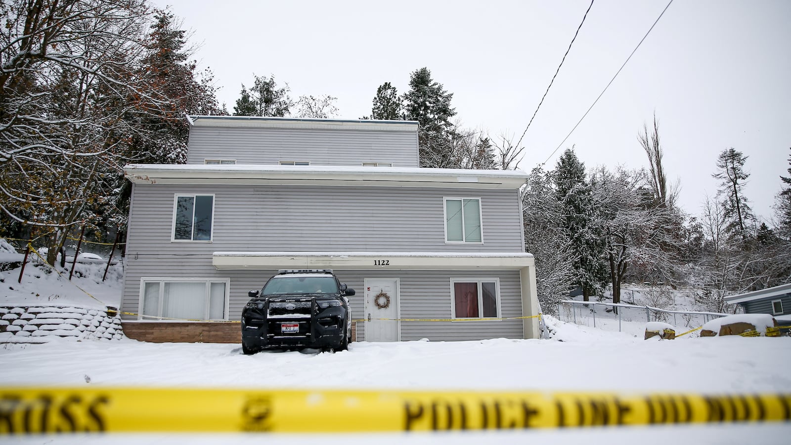 The snow-covered home where four University of Idaho students were massacred in 2022.