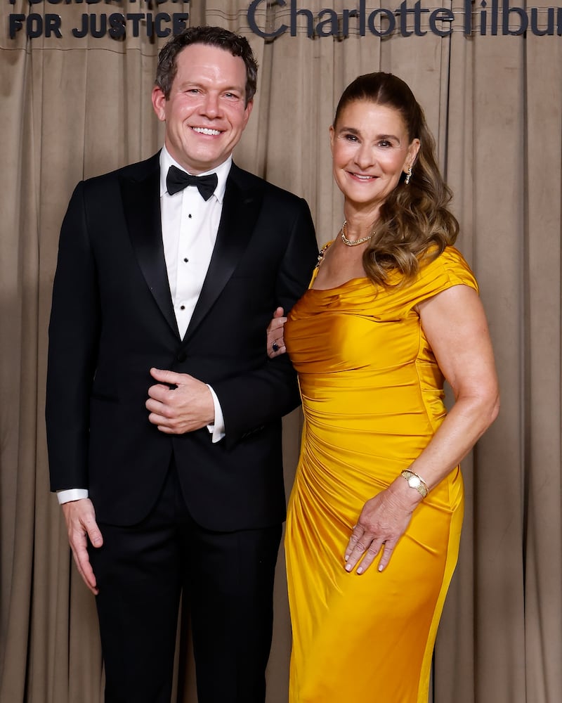 LONDON, ENGLAND - OCTOBER 03: Philip Vaughn and Melinda French Gates attend the Clooney Foundation For Justice's The Albies at The Natural History Museum on October 03, 2025 in London, England. (Photo by Taylor Hill/Getty Images)