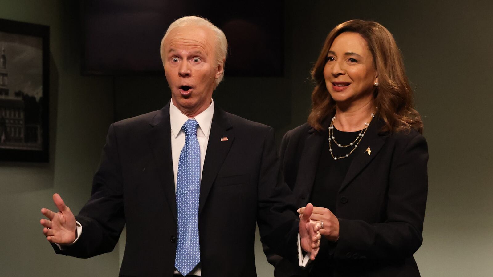 SATURDAY NIGHT LIVE -- Episode 1869 -- Pictured: (l-r) Dana Carvey as Joe Biden, Andy Samberg as Douglas Emhoff, and Maya Rudolph as Kamala Harris during the "Pre-Election" Cold Open on Saturday, November 2, 2024 -- (Photo by: Will Heath/NBC via Getty Images)