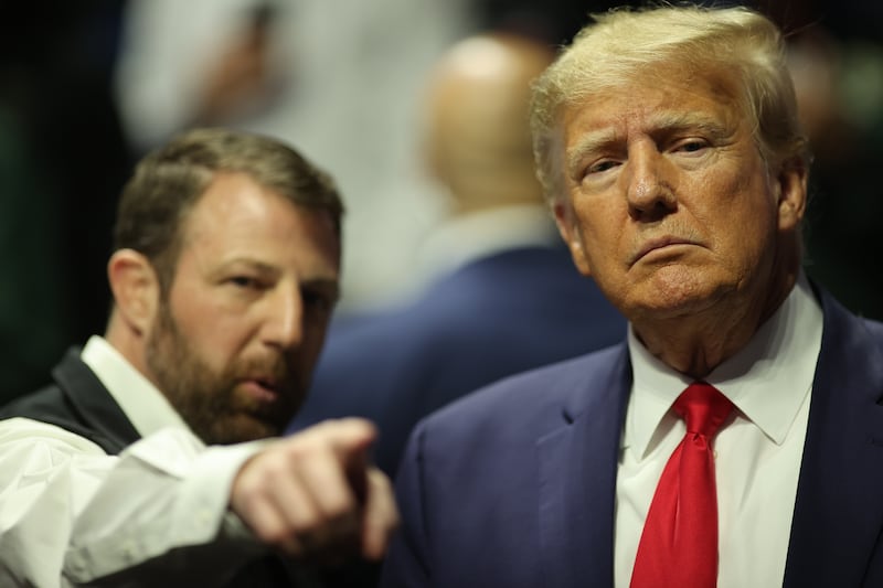 TULSA, OK - MARCH 18: Oklahoma senator Markwayne Mullin stands on the floor with former President Donald Trump during the Division I Mens Wrestling Championship held at the BOK Center on March 18, 2023 in Tulsa, Oklahoma. (Photo by Shane Bevel/NCAA Photos via Getty Images)