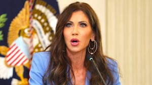 Secretary of Homeland Security Kristi Noem speaks during a roundtable discussion in the State Dining Room of the White House on October 08, 2025 in Washington, DC.