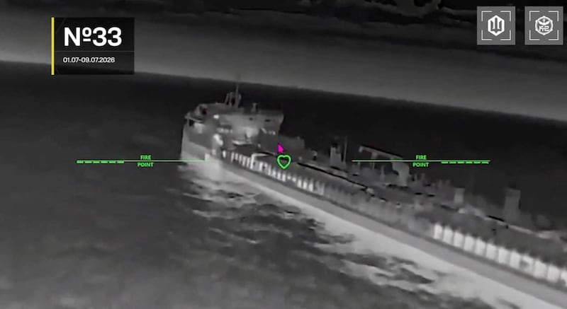 Ukrainian UAVs' hit, what the Ukranian military say, was a Russian tanker during a strike at a location given as sea of Azov in this screengrab taken from a handout video released July 9, 2026. Commander of Unmanned Aerial Systems Force/Handout via REUTERS    THIS IMAGE HAS BEEN SUPPLIED BY A THIRD PARTY. MANDATORY CREDIT. OVERLAYS FROM SOURCE.