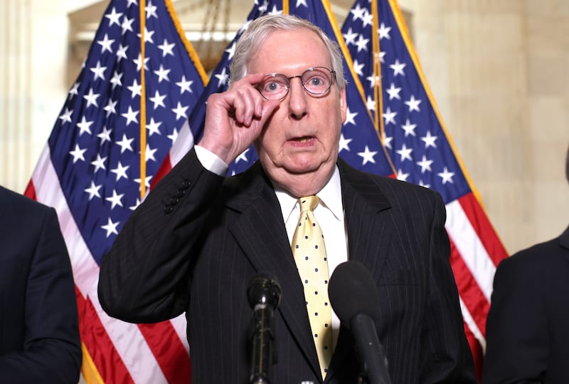 Then-Senate Minority Leader Mitch McConnell speaks following a Senate Republican Policy luncheon at the Russell Senate Office Building on May 18, 2021 in Washington, DC. McConnell spoke on Israel's military actions against the Palestinians, the January 6th Commission and rising inflation concerns.