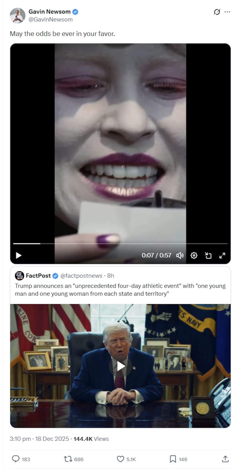 Newsom trolls Trump's 'Patriot Games.'