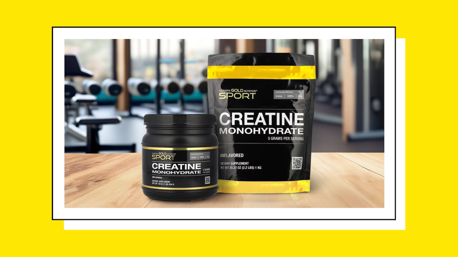 California Gold Nutrition SPORT creatine monohydrate supplements in jar and resealable bag on a wooden table in a modern gym setting.