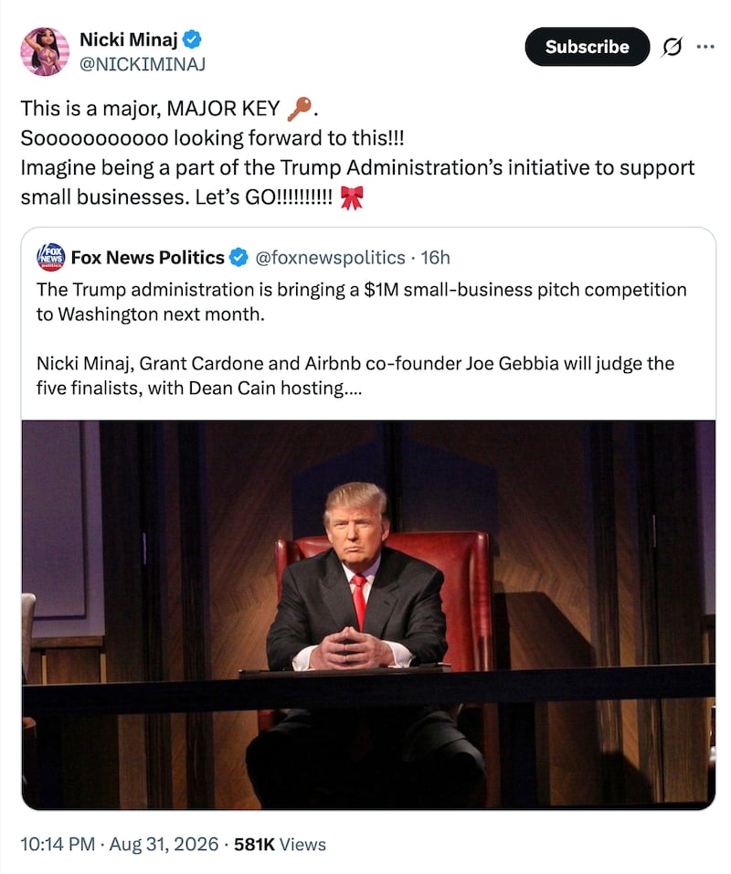 Nicki Minaj's X.com post sharing the SBA's pitch challenge.