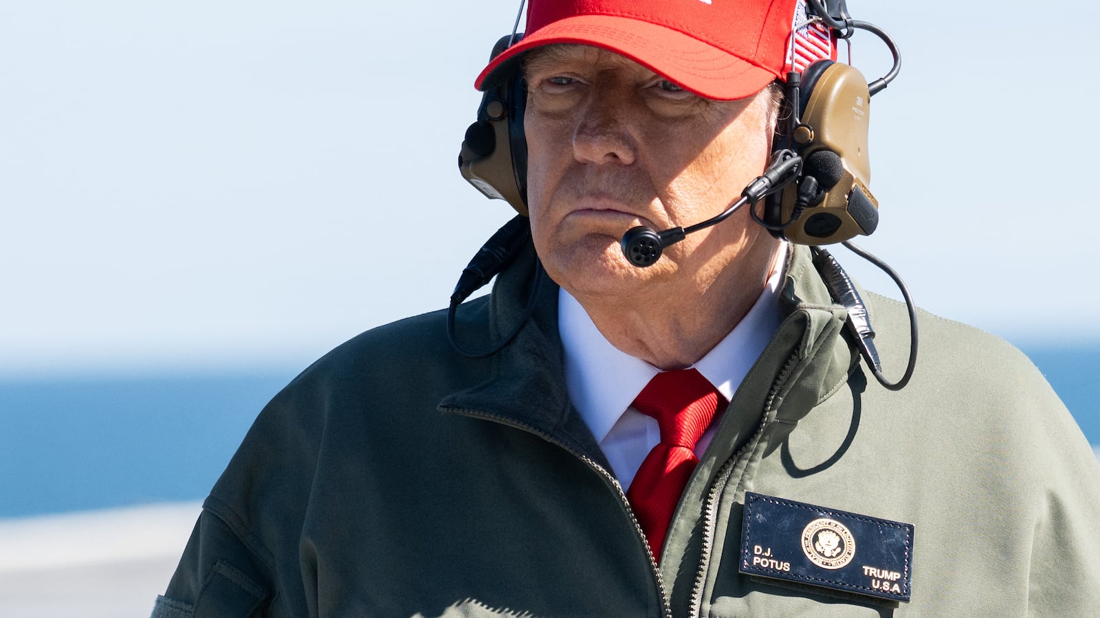 TOPSHOT - US President Donald Trump visits the USS George H.W. Bush aircraft carrier which is out at sea near Norfolk, Virginia, October 5, 2025, as he travels to see a Naval demonstration as part of the US Navy's 250th anniversary celebration, "America's Navy 250: Titans of the Sea - A Salute to the Fleet". (Photo by SAUL LOEB / AFP) (Photo by SAUL LOEB/AFP via Getty Images)