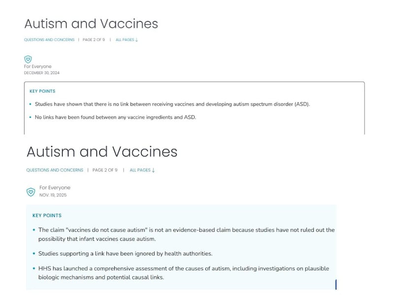 Top, what the CDC webpage said before the change. On the bottom, revisions made on Wednesday.